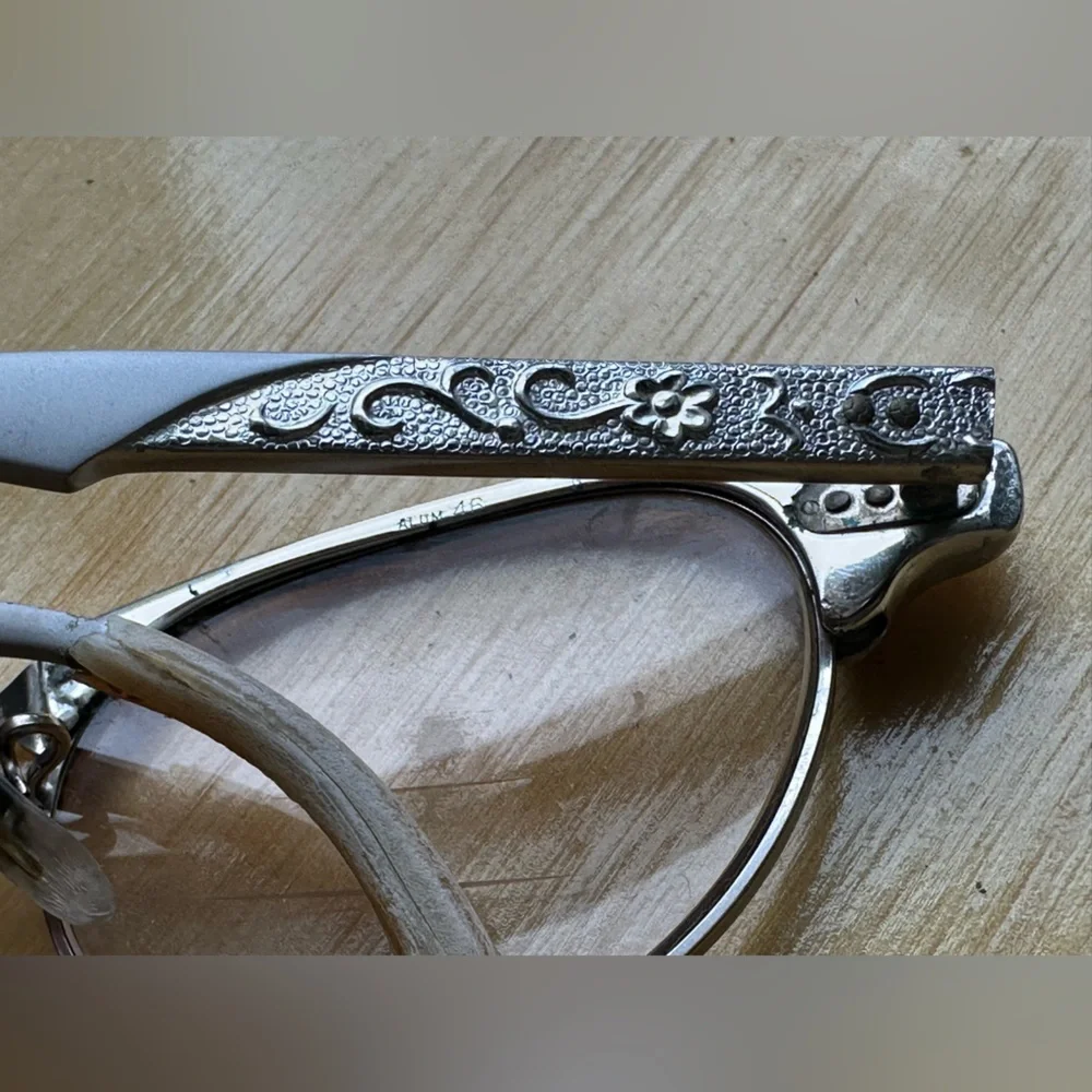 Vintage 1940s Artcraft Cat Eye Glasses Floral Engraved Retro Frames